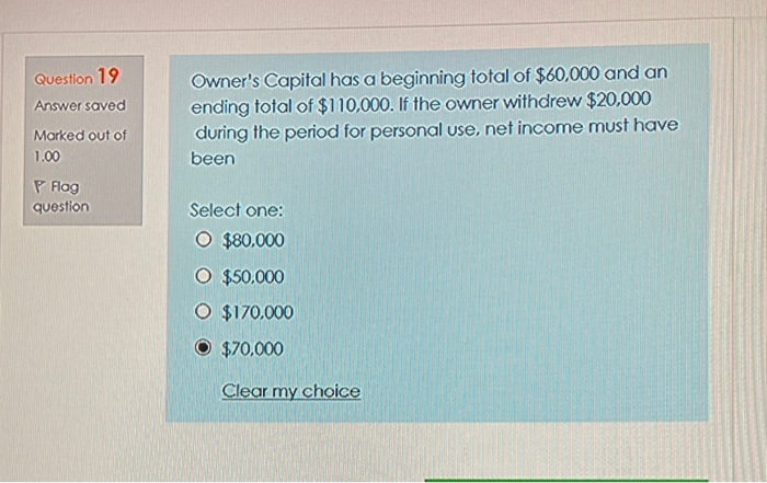  Question 19 Answer saved Owner's Capital has a beginning total of