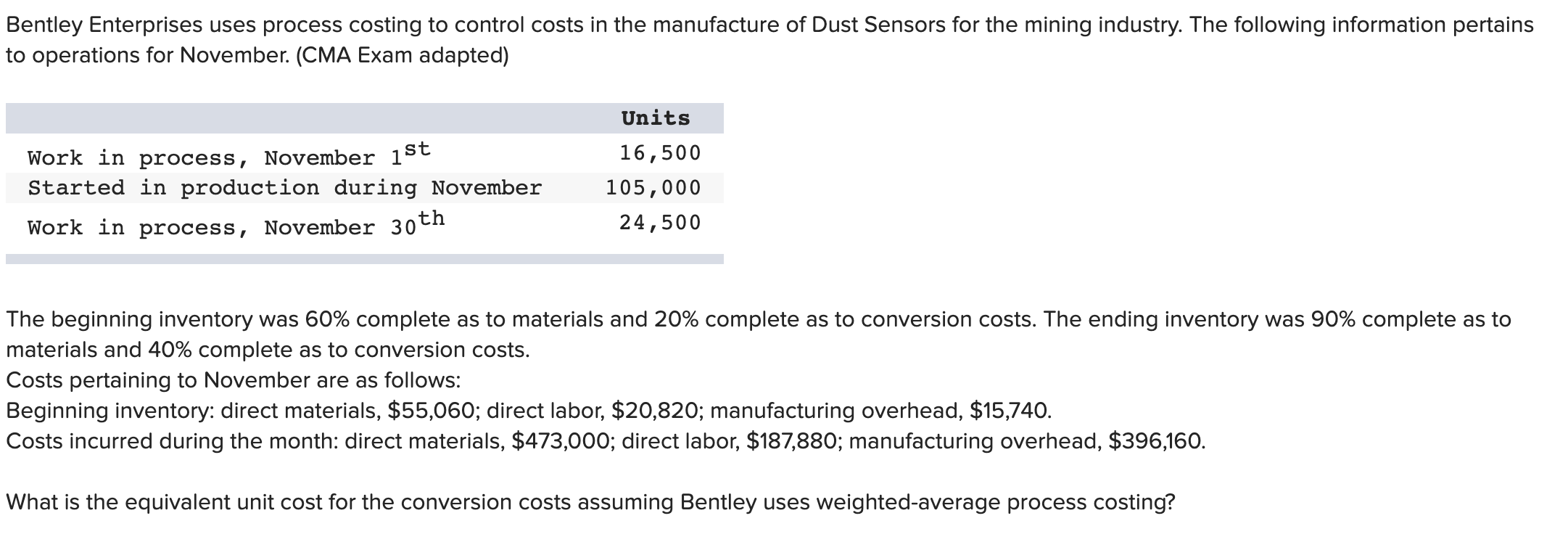 Enterprises uses process costing to control costs in the manufacture of Dust
