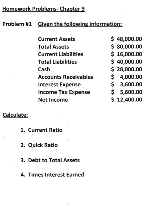 FOR ELEMENTARY ACCOUNTING CLASS!! Homework Problems- Chapter 9 Problem #1 Given the