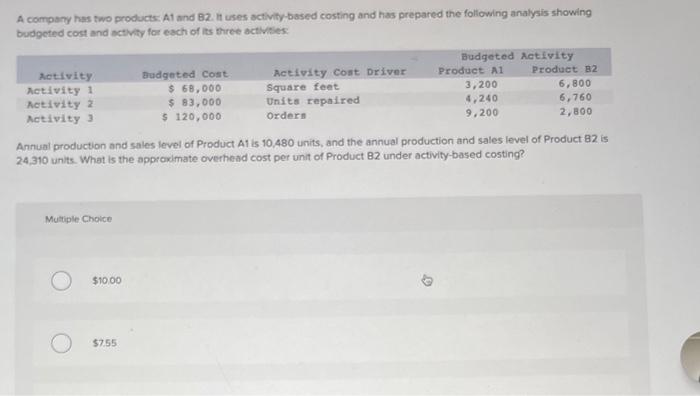  A compaty has two products. A1 and B2. it uses sctivity-based
