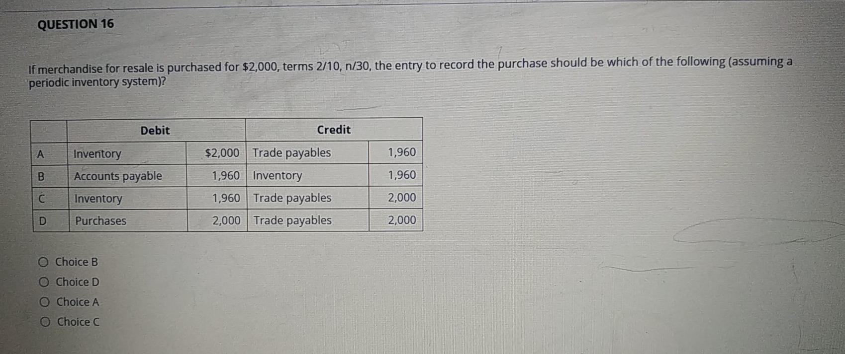  QUESTION 16 If merchandise for resale is purchased for $2,000, terms