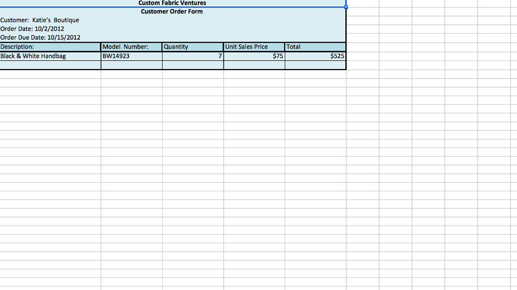 Custom Fabric Ventures Customer Order Form Customer: Katie's Boutique Order Date: