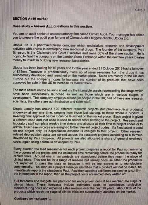  C39AU SECTION A (40 marks) Case study - Answer ALL questions