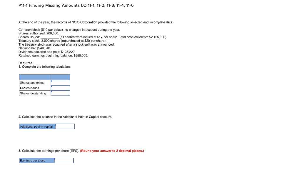 P11-1 Finding Missing Amounts LO 11-1, 11-2, 11-3, 11-4, 11-6 At