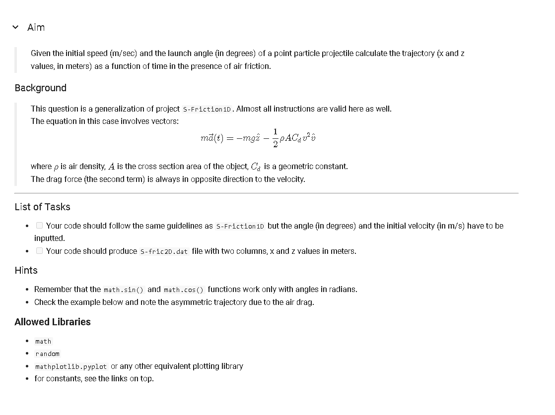  Aim Given the initial speed (msec) and the launch angle (in