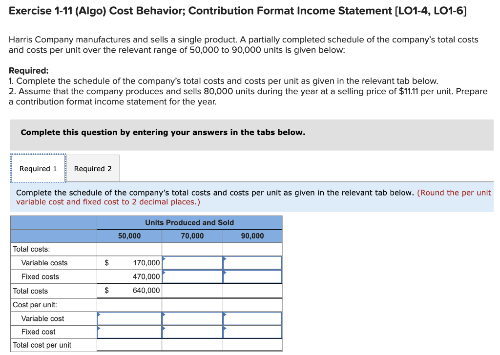  Exercise 1-11 (Algo) Cost Behavior; Contribution Format Income Statement (LO1-4, LO1-6]