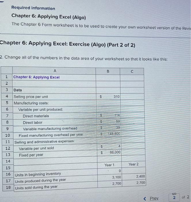  Required information Chapter 6: Applying Excel (Algo) The Chapter 6 Form