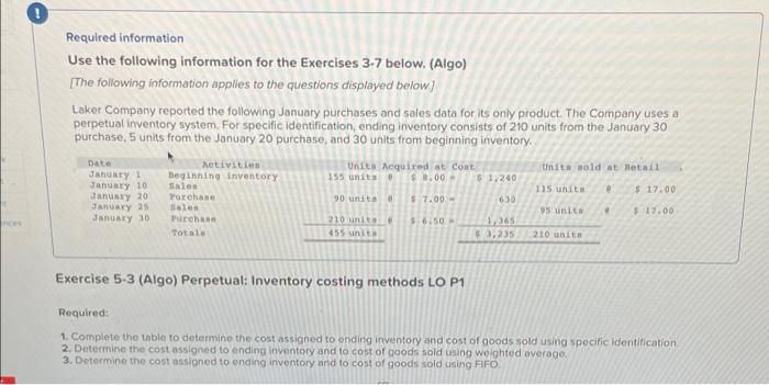 Exercise 5-3 Algo Perpetual: Inventory costing methods LO P1 Required information Use