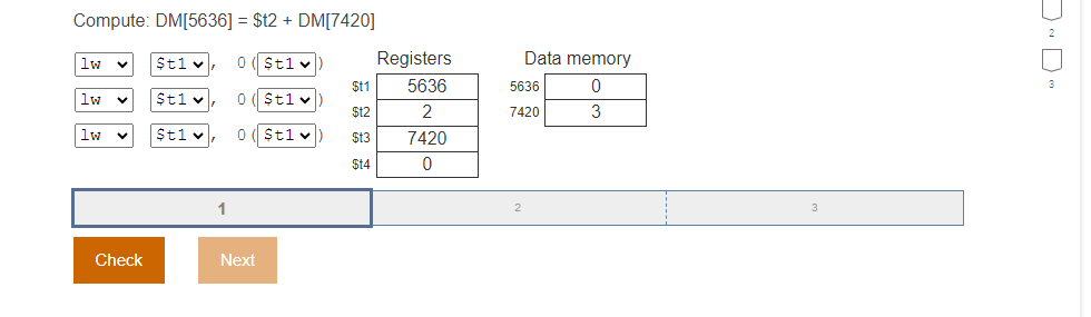  Compute: DM[5636]=$ t2+ DM[7420] Data memory 