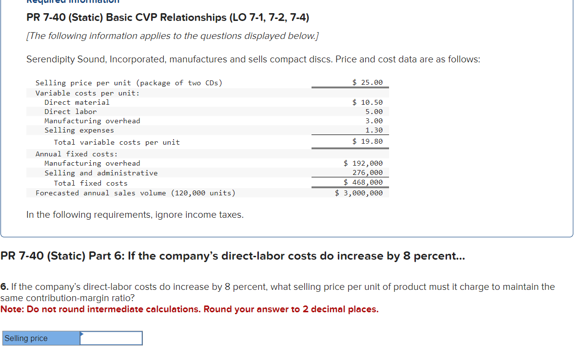  PR 7-40 (Static) Basic CVP Relationships (LO 7-1, 7-2, 7-4) [The