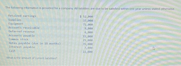 What are the current liabilities? The following information is provided for a