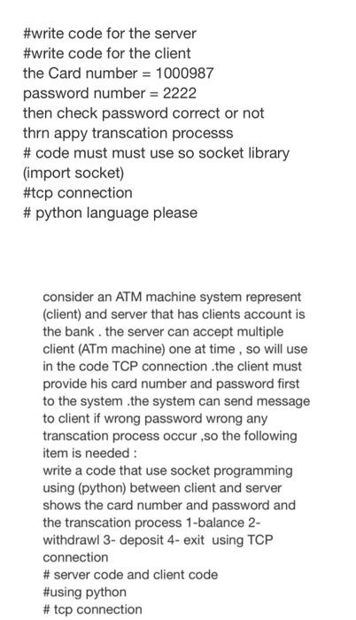  For example in client code Import socket # library s= socket.socket(socket.AF_INET,