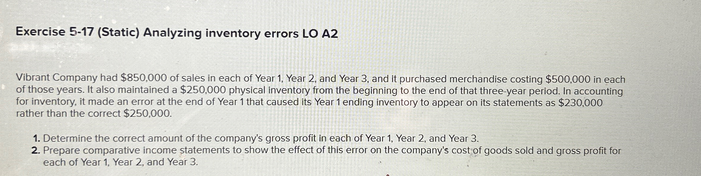  Exercise 5-17(Static) Analyzing inventory errors LO A2 Vibrant Company had $850,000