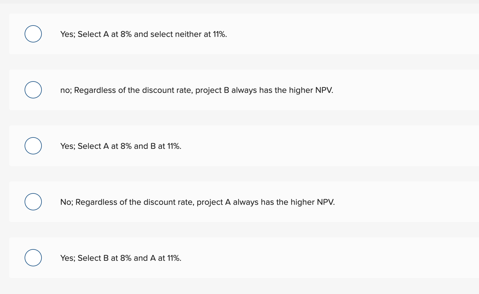 flows. Will your choice between the two projects differ if the discount