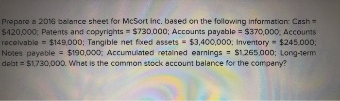  Prepare a 2016 balance sheet for McSort Inc. based on the