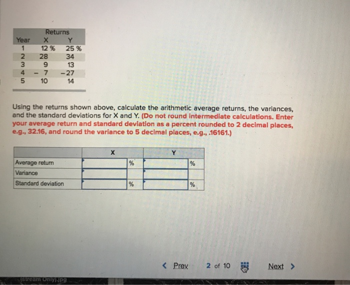  Returns Year X Y 25 % 12 % 2 28 34