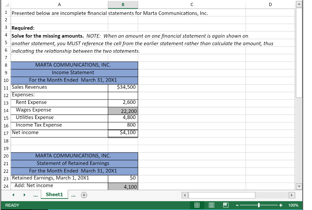 A D 1 Presented below are incomplete financial statements for Marta