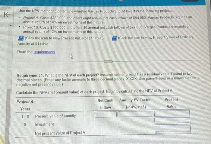  Use the NPV method to determine whether Vargas Products should invest