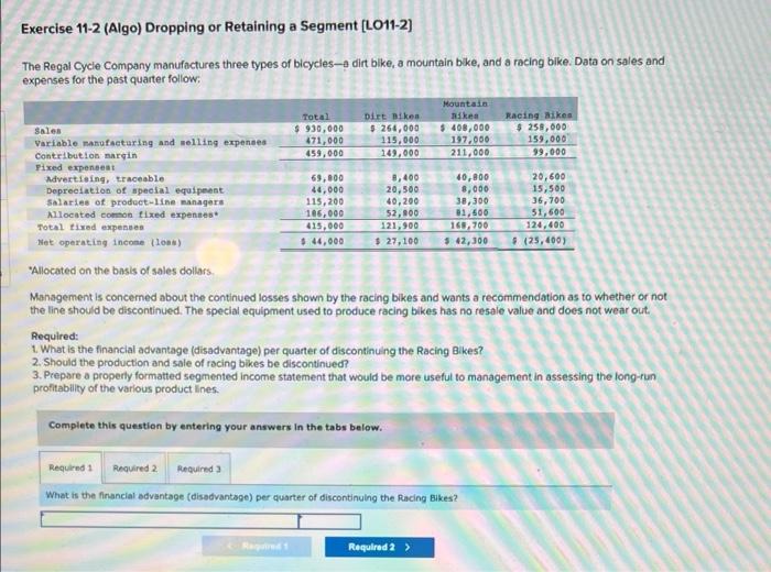 URGENT 3 part question Exercise 11-2 (Algo) Dropping or Retaining a Segment
