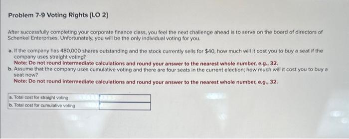  Problem 7-9 Voting Rights [LO 2] After successfully completing your corporate