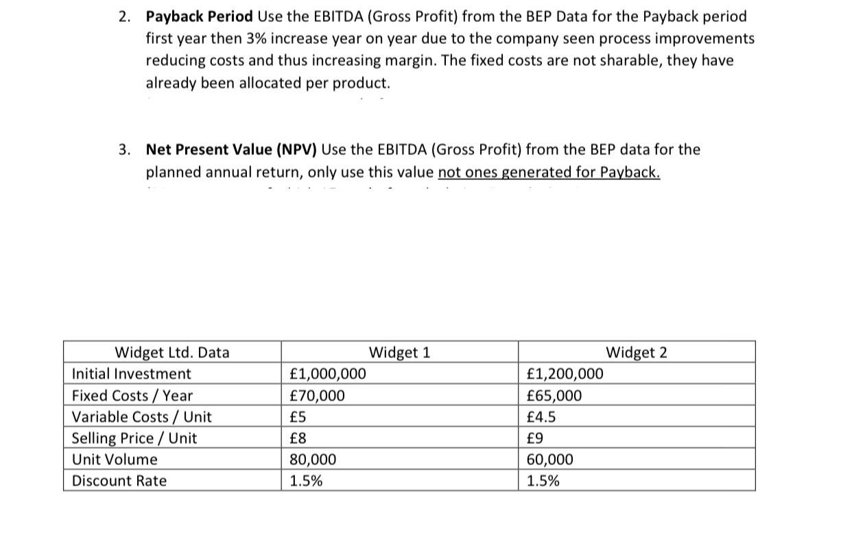 need complete solution 2. Payback Period Use the EBITDA (Gross Profit) from