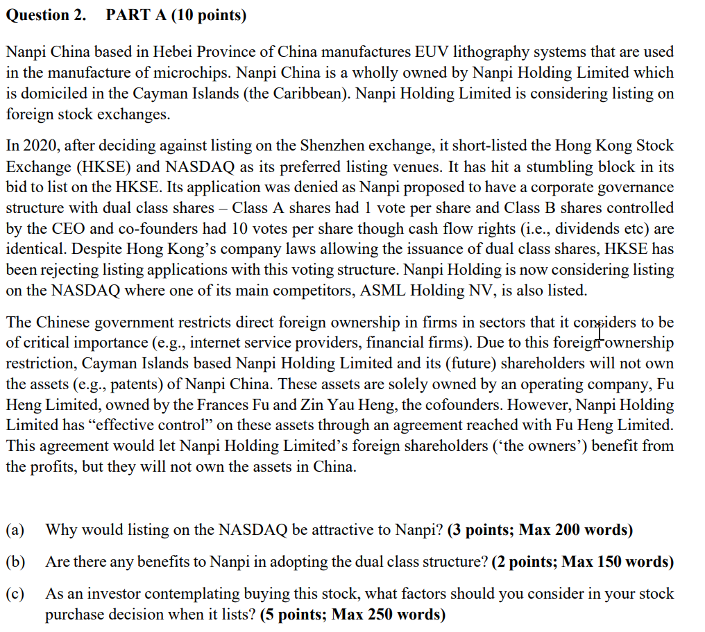  Question 2. PART A (10 points) Nanpi China based in Hebei