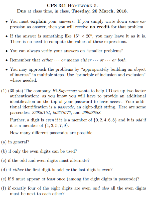  CPS 341 HOMEWORK 5 Due at class time, in class, Tuesday,