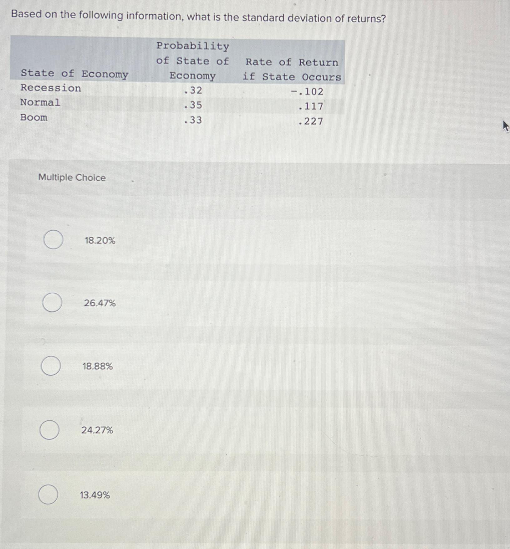  Based on the following information, what is the standard deviation of