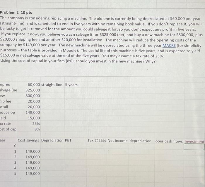  Problem 210 pts The company is considering replacing a machine. The