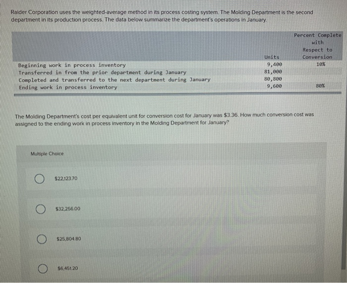  Raider Corporation uses the weighted-average method in its process costing system.