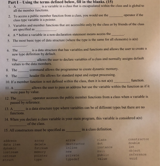  Part I- Using the terms defined below, fill in the blanks.