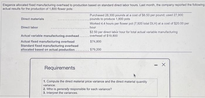 please help. gance allocated fixed manufacturing overhead to production based on standard