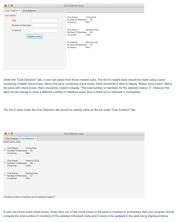 TabPane(); Tab tab1 = new Tab(); tab1.setText("Club Creation"); tab1.setContent(createPane); Tab tab2 =