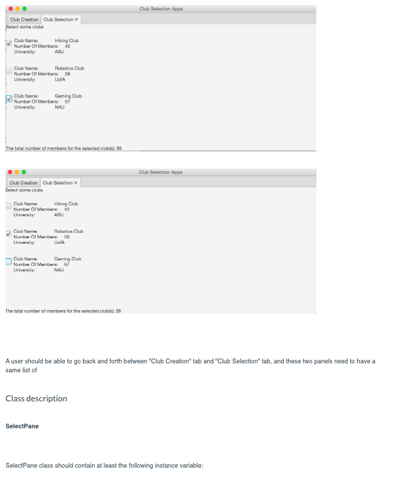 new Tab(); tab2.setText("Club Selection"); tab2.setContent(selectPane); tabPane.getSelectionModel().select(0); tabPane.getTabs().addAll(tab1, tab2); root.getChildren().add(tabPane); Scene scene =