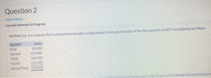 a company that manufactures and sells a single product. Unitates for each