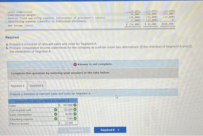 relevant sales and costs for Segment A. b. Prepare comparative income statements