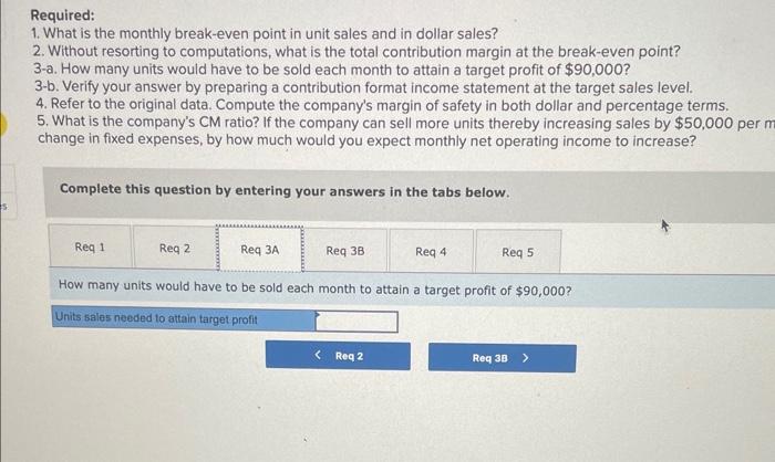 expenses for last month follow: Required: 1. What is the monthly break-even
