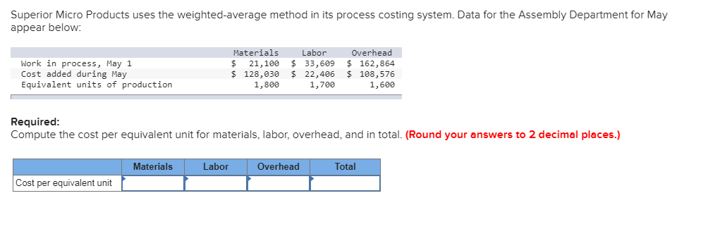 costing system. The following data are available for one department for October: