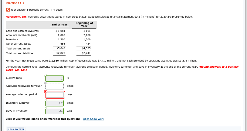  Exercise 14-7 Your answer is partially correct. Try again. Nordstrom, Inc.
