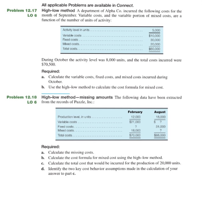  All applicable Problems are available in Connect. High-low method A department