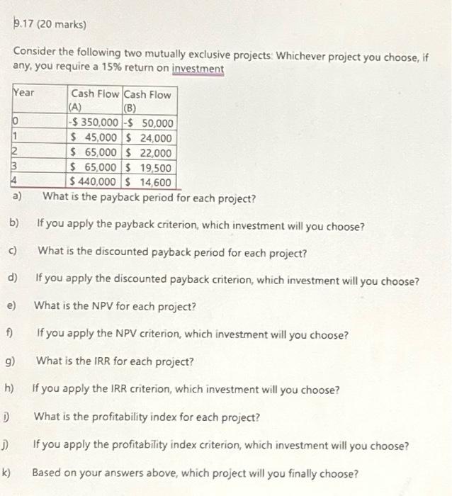  9.17 (20 marks) Consider the following two mutually exclusive projects Whichever