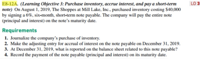  LO 3 E8-12A. (Learning Objective 3: Purchase inventory, accrue interest, and