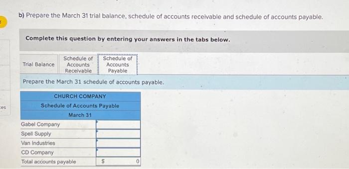 entering your answers in the tabs below. Prepare the March 31 trial