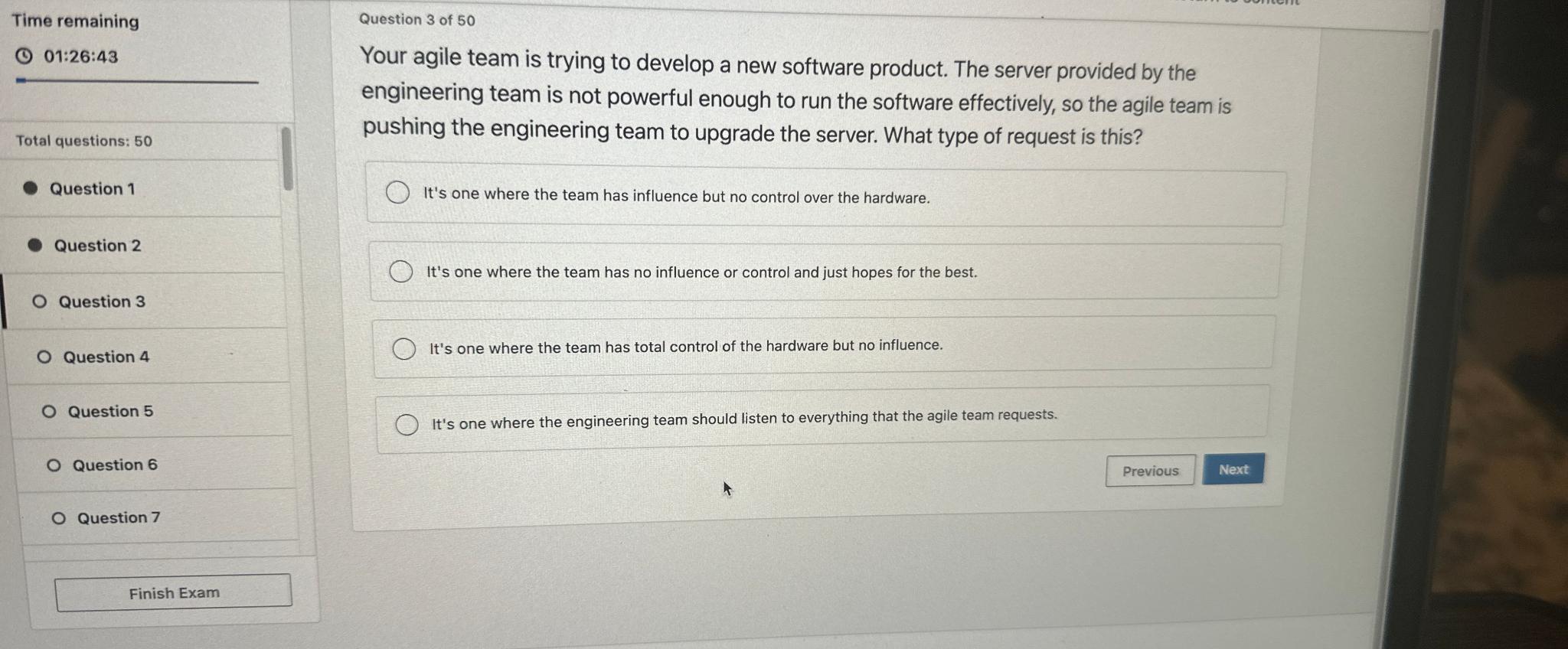  Time remaining 01:26:43 Total questions: 50 Question 1 Question 2 Question