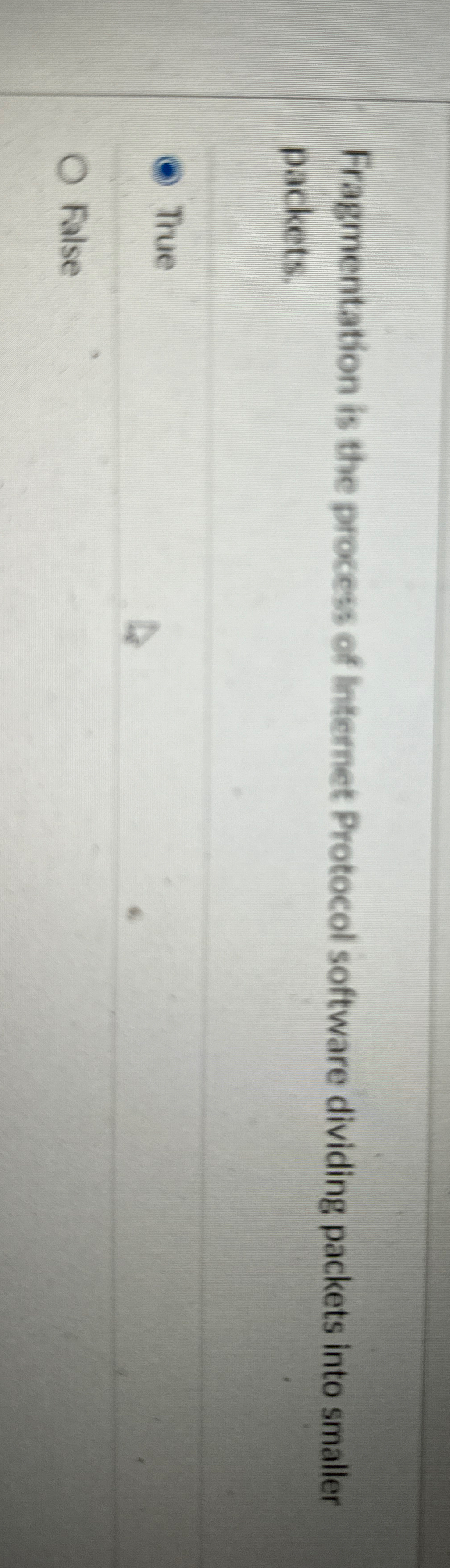  Fragmentation is the process of Internet Protocol software dividing packets into