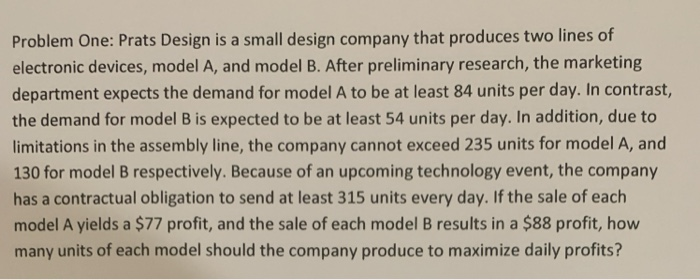  Problem One: Prats Design is a small design company that produces
