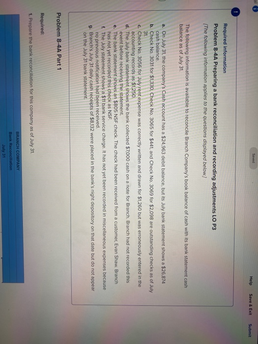  al Shed Help Save & Exit Submit Required information Problem 8.4A