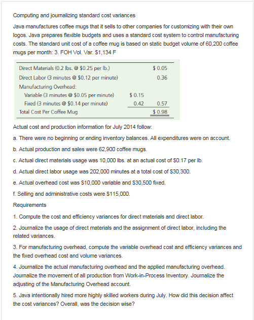  Computing and journalizing standard cost variances Java manufactures coffee mugs that