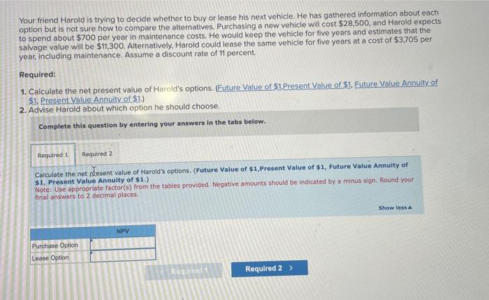decide whether to buy or lease his next vehicle. He has gathered