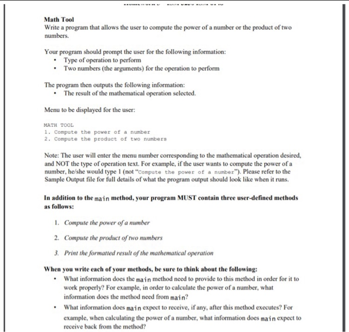  Math Tool Write a program that allows the user to compute